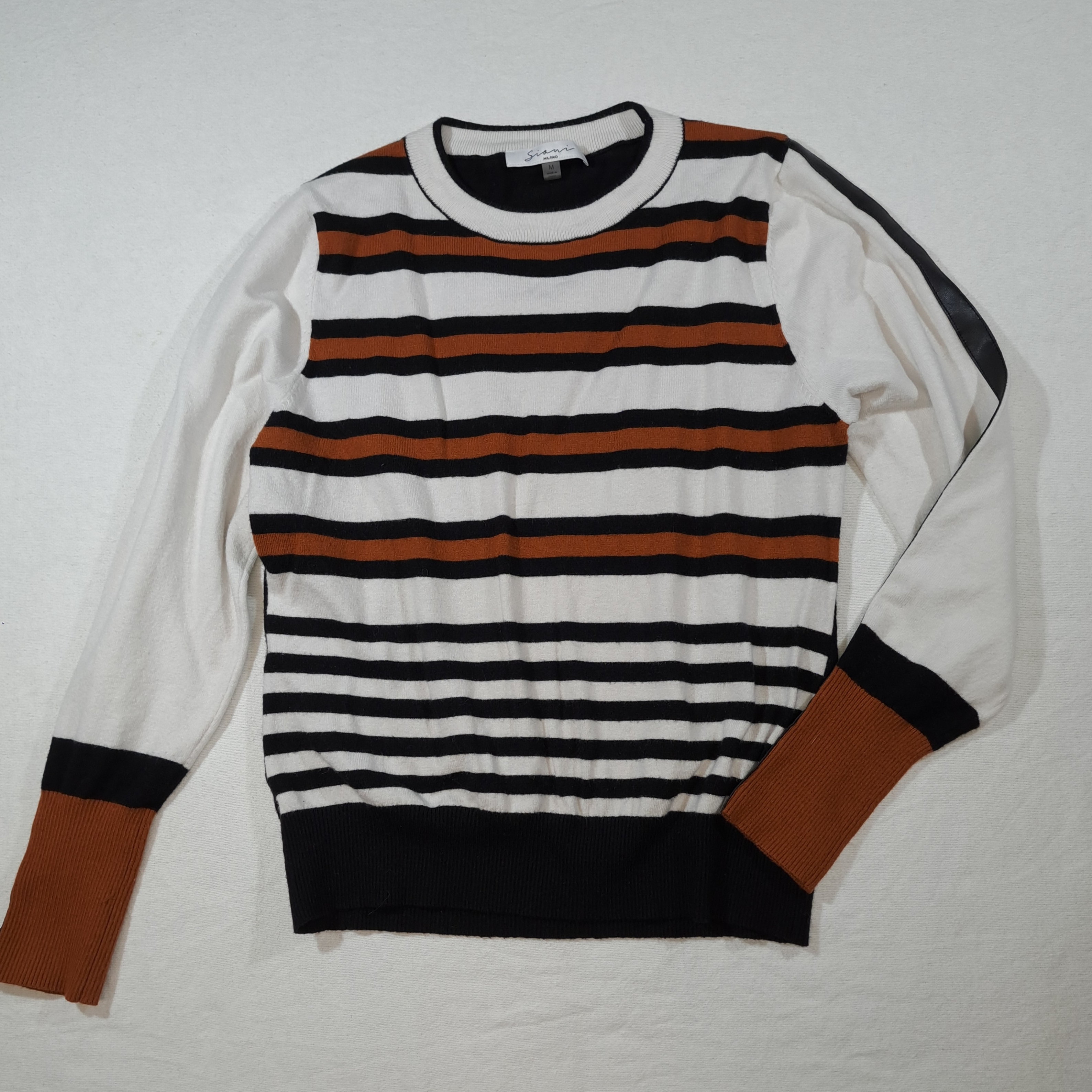 Sioni Milano Women's Striped Crewneck Sweater - Black, White, And Brown